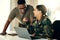 Laptop, friends and a military team laughing in an office on an army base camp together for training. Computer, smile or