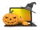Laptop with funny Jack O Lantern and Halloween witch hat. 3D render