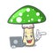 With laptop green amanita mushroom character cartoon