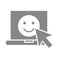 Laptop with happy face and cursor arrow grey icon. Emoji on the screen, customer satisfaction symbol
