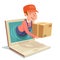 Laptop internet delivery concept box computer monitor cartoon character design vector illustration