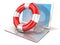 Laptop with lifebuoy. Concept of computer, online help and safety internet surfing