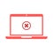 Laptop and X mark. Notebook and round red cross mark icon on white screen. Error window, exit button, no, cancel, 404