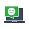 Laptop with neutral face in chat bubble colored icon. Upset customer, negative feedback, online message symbol
