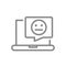 Laptop with neutral face in speech bubble line icon. Upset customer, negative feedback, online message symbol