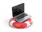 Laptop with red Life Buoy isolated on white. Help, electronic service concept