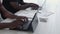 laptop research business analyzing men hands desk