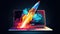 Laptop Screen Launches Rocket into Blue Sky. Innovative Technology Concept