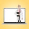 Laptop screen with male doctor. Online health insurance concept. The doctor holds the contract.