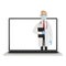 Laptop screen with male doctor. Online health insurance concept. The doctor holds the contract.