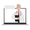 Laptop screen with male doctor. Online health insurance concept. The doctor holds the contract.