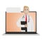 Laptop screen with male doctor. Online health insurance concept. The doctor holds the contract.