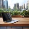 Laptop screen mockup on the wooden table, blurred cityscape background view