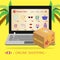 Laptop screen with an online store of beach equipment and uniforms for surfing and sea recreation. Flat illustration of