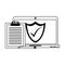 Laptop with security system and clipboard with pencil symbols in black and white