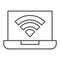 Laptop with signal thin line icon. Wireless connection, device with access symbol, outline style pictogram on white