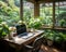 a laptop sitting on a desk in front of a window filled with potted plants