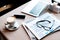 Laptop and smartphone with blank screen, cup of coffee, documents, newspaper and glasses on table