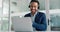 Laptop, smile and business man in call center office with headset for customer support or service. Computer, contact and