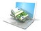 Laptop with stacks of hundreds euros . 3D rendering - concept of online business - earning, banking and shopping