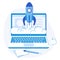 Laptop startup. Web creative strategy success launch rocket logo, business solutions flat vector illustration