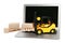 Laptop, toy forklift, wooden pallets and boxes on white background