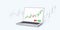 Laptop trading chart on screen in 3D cartoon realistic style. Candle stick diagram cryptocurrency market analysis. Financial