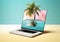 laptop vacation travel beach tree summer computer tropical palm concept. Generative AI.