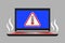 Laptop, warning sign with thermometer icon inside and hot steam