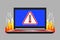 Laptop, warning triangular sign with thermometer icon inside and flame