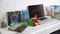 Laptop on white shelf with flowers. tulips, photo book.