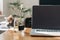 Laptop on wooden home table in kitchen, plants in water and sunny morning light. Cottagecore concept. Slow living