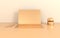 Laptop on work desk mock-up background in modern minimal style. Notebook 3d render. Technology gadget concept. Pastel beige and