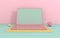Laptop on work desk mock-up background in modern minimal style. Notebook 3d render. Technology gadget concept. Pastel colors