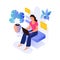 Laptop work. Isometric people with computers. Freelance lifestyle. Houseplants leaves. Girl sitting on armchair. Home