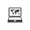 Laptop with world map on screen icon isolated. World map geography symbol. Flat design