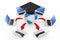 Laptops Arranged in a Circle Around Graduation Academic Cap Earth Globe with Glowing Red Arrows Connections. 3d Rendering
