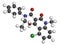 Laquinimod multiple sclerosis drug molecule. 3D rendering. Atoms are represented as spheres with conventional color coding: