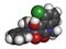 Laquinimod multiple sclerosis drug molecule. 3D rendering. Atoms are represented as spheres with conventional color coding: