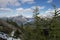 Larch trees in the rocky mountains with lake background