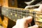 A large acoustic old guitar in the hands