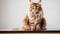 A large adult brown Maine Coon cat sits on a light wooden beech stool and looks into the frame, on space for copying