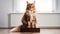 A large adult brown Maine Coon cat sits on a light wooden beech stool and looks into the frame, on space for copying