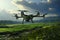 Large Agricultural Drone over a Field extreme closeup. Generative AI