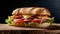 Large American sandwich on wooden board. Delicious fast food