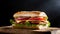 Large American sandwich on wooden board. Delicious fast food