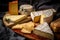 Large assortment of international cheese specialities on black background