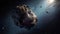 A large asteroid flying in outer space with small fragments threat of an asteroid impact