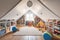 large attic room decked out as playroom with colorful toys, games, and books