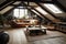 large attic room with industrial chic furniture and vintage accessories